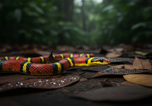 A vibrant milk snake with red and yellow stripes on a bed of wet leaves on the forest floor