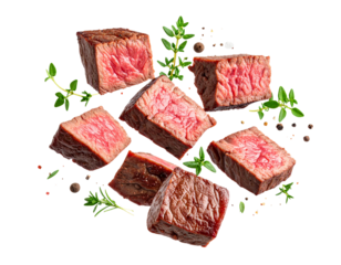 Medium Rare Steak Cubes with Herbs and Spices Floating, Isolated on Transparent Background