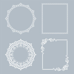 Set of decorative frames Elegant vector element for design in Eastern style, place for text. Floral gray and white borders. Lace illustration for invitations and greeting cards