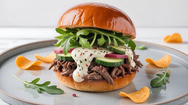 Gourmet Pulled Beef Sandwich with Arugula Cucumber and Chips Presentation Tasty Meal