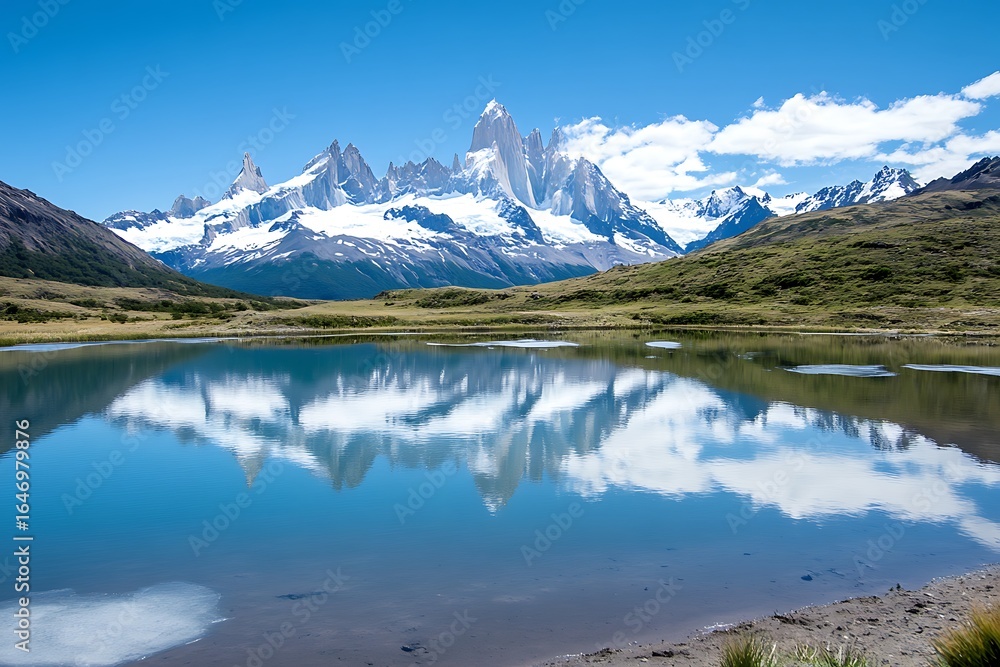 Poster jagged mountains mirrored in a pristine lake with patches of snow on the banks
