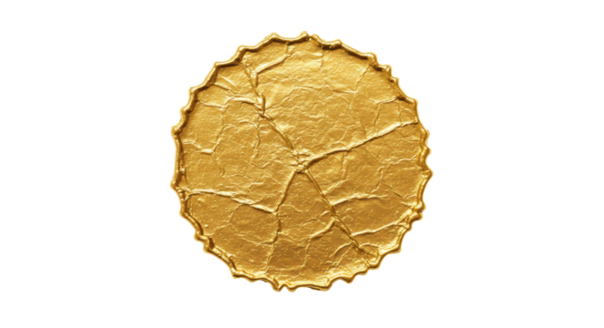 A perfectly isolated, circular element of textured gold foil with intricate creases and reflections on a transparent background, concept of value and premium luxury