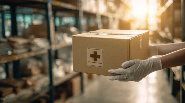 Healthcare logistics handling medical supply box in warehouse with protective gloves,World Humanitarian Day