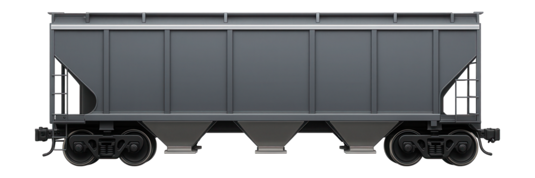 Three-bay hopper car with ribbed sides and bottom unloading chutes