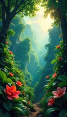 Untouched Rainforest Paradise Lush Jungle Foliage Bathed in Vibrant Sunlight