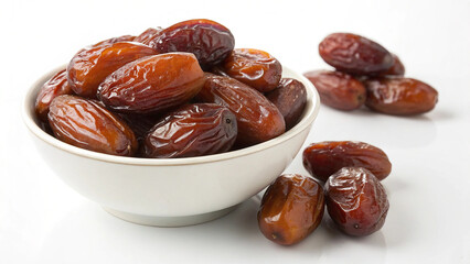 Dates in white bowl and some dates on white background