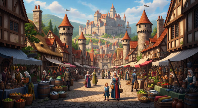 A vibrant medieval market square with people, stalls, and a grand stone castle in the background