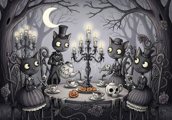 Halloween illustration of cats having a tea party under moonlight