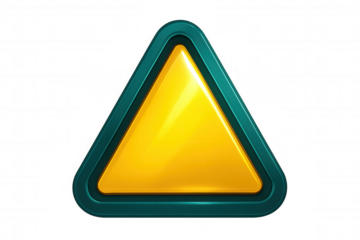 Sharp yellow triangular warning sign featuring teal border, signaling caution against transparent backdrop