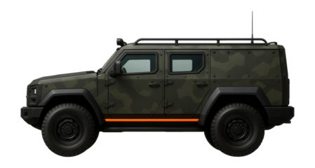 Tactical command vehicle with reinforced steel plating and camouflage pattern