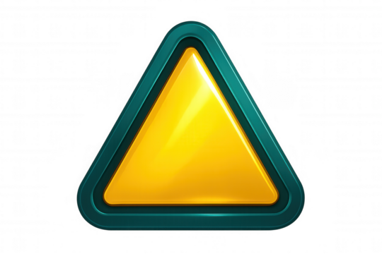 Sharp yellow triangular warning sign featuring teal border, signaling caution against transparent backdrop