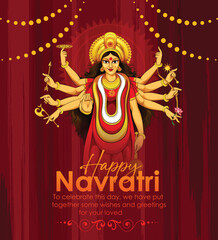 Navratri Celebration: A vibrant depiction of the festival, featuring a multi-armed deity and celebratory greetings against a rich, cultural backdrop. © Pictor