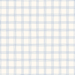 Hand drawn gingham plaid seamless pattern with a charming whimsical cottage core design. Soft blue, pastel, and nostalgic trellis print. Perfect for textiles and romantic vintage-inspired decor.