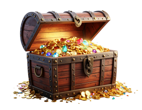 Treasure Chest Overflowing with Gold Coins and Jewels, Transparent Background - Powered by Adobe