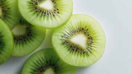 Group of sliced kiwi fruit arranged in a circular pattern on a white background. the slices are of different sizes and shapes, with the largest slice in the center and the smaller ones on either side.
