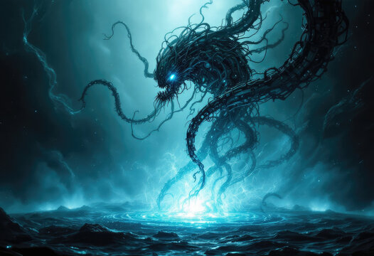Tentacled Shadowy Creature Rising From Ominous Teal Ocean