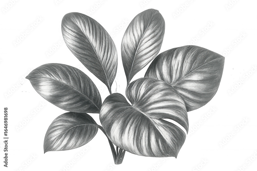 Poster grayscale botanical sketch rendering tropical foliage with intricate pencil detailing against transp