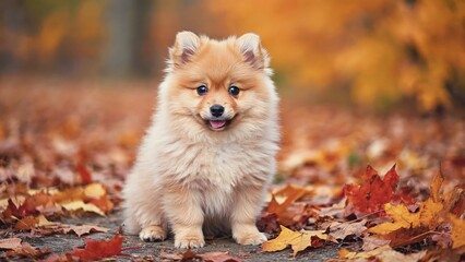 Pomeranian puppy in autumn park
