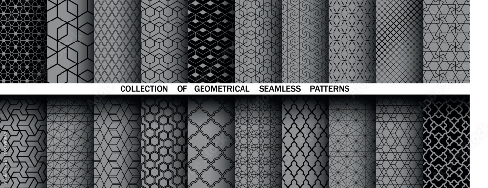 Poster geometric set of seamless black and gray patterns. simple vector graphics