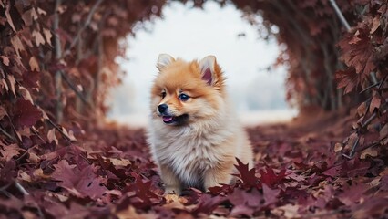 Pomeranian puppy in autumn park