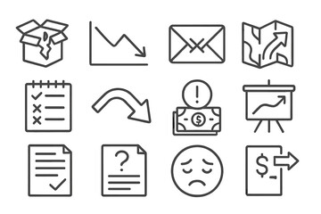 Startup Challenges Icons. Line style icons of startup failures and pivots: failed product icon, customer churn graph, shutdown