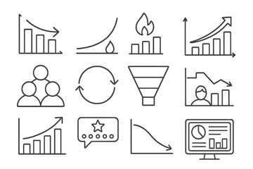 Startup Metrics Icons. Line style icons of startup metrics: CAC chart icon, LTV graph, monthly burn rate, user growth chart,