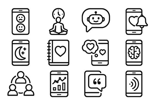 Mental Health Icons. Line style icons of mental health apps: mood tracker app, meditation timer icon, therapy chatbot icon, mental