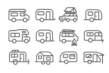 Recreational Vehicle Icons. Line style icons of recreational vehicles: camper van icon, RV trailer, roof tent SUV, motorhome
