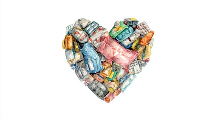 Heart-shaped composition of recyclable waste representing environmental awareness and love for nature,World Humanitarian Day