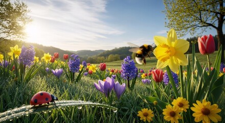 A colorful spring meadow with a bumblebee flying towards a daffodil, a ladybug on a dewy leaf, and bright flowers.