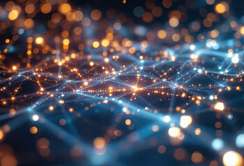 Glowing Network of Abstract Orange and Blue Light Points and Lines