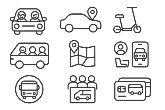 Shared Transport Icons. Line style icons of shared transport: carpool icon, rideshare vehicle, shared e-scooter, vanpool icon,
