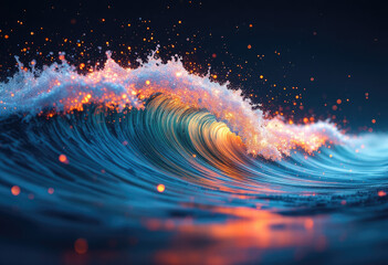 Dynamic Ocean Wave with Foaming Water and Golden Light Splashes on Dark Blue Background