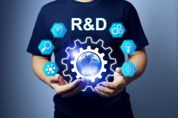 Research and development concept with a man holding a systematic work to generate a innovation...