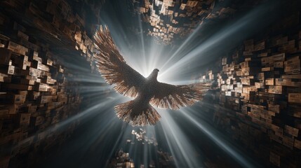 Majestic bird in flight surrounded by radiant light and abstract geometric patterns,World Humanitarian Day