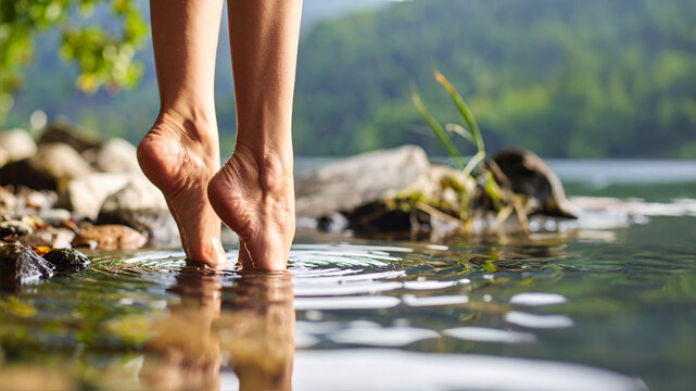 Close-up of a woman's bare feet standing on her tiptoes in the calm, clear water of a lake. The tranquil scene captures a moment of peace and connection with nature.