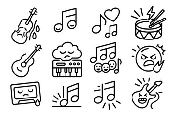 Emotive Music Icons. Line style icons of emotion in music: sad violin, happy melody, love song, energetic rhythm, calm chords,
