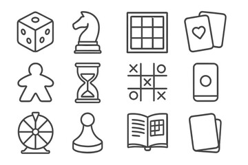 Board Game Icons. Line style icons of board games: dice icon, chess piece, game board, card deck, meeple icon, timer hourglass,