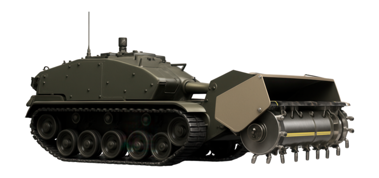 Mine-clearing armored tank with rotating flail system and protective shield