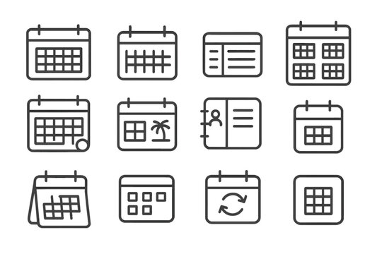 Line Style Calendar Icons. Line style icons of calendar types: monthly calendar, weekly planner, daily agenda, yearly overview,