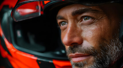 Intense focus of a race car driver before the competition, determined and ready to win