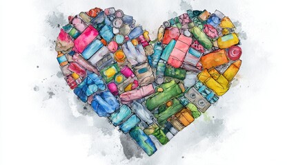 Eco-friendly art: heart shape formed by recycled plastic bottles for environmental awareness,World Humanitarian Day