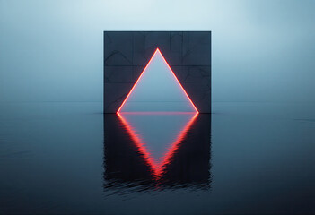 Abstract Red Glowing Triangle in Cracked Stone Square Reflected on Dark Water
