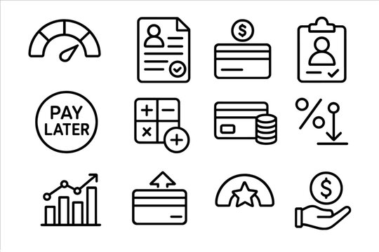 Credit Management Icons. Line style icons of credit management: credit score icon, credit report, credit line, loan eligibility,