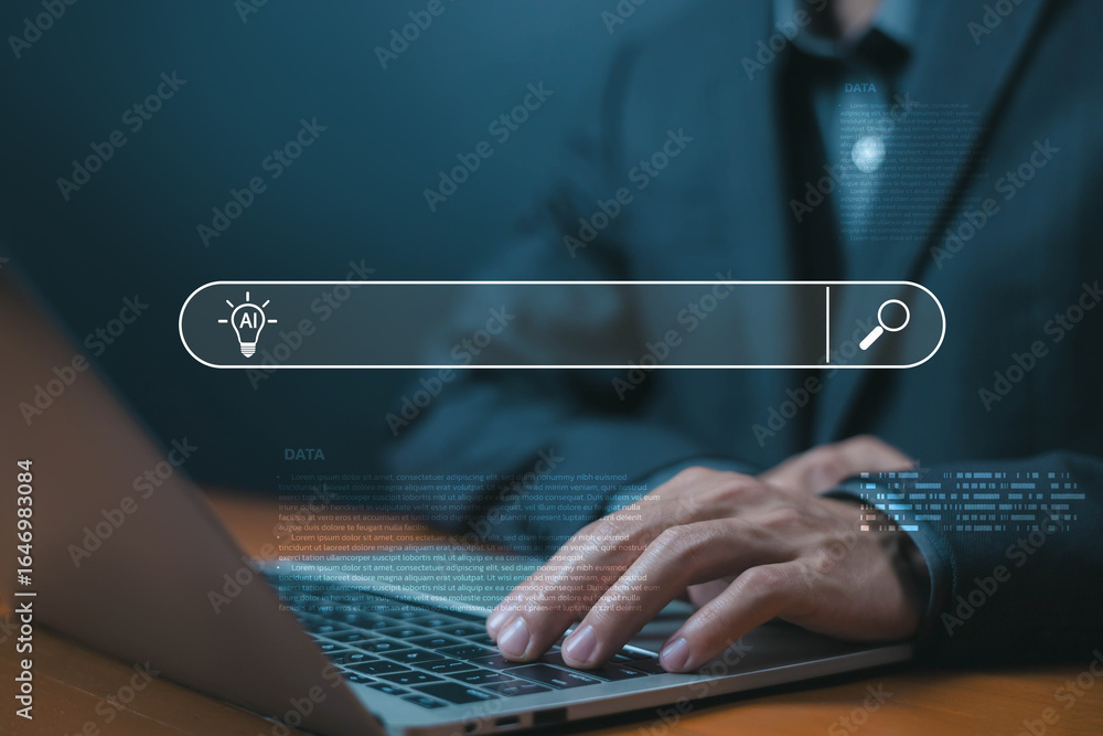 Poster ai search engine concept. businessman typing on laptop, symbolizing artificial intelligence, innovat
