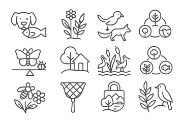 Ecosystem Line Icons. Line style icons of biodiversity and ecosystems: animal species icon, native plants, food chain icon,