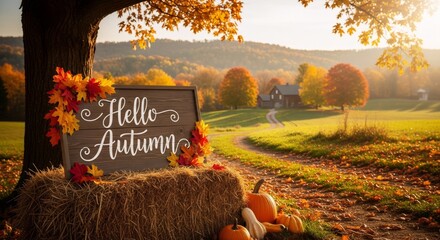 Hello autumn sign decorated with fall leaves and pumpkins next to hay bale with beautiful countryside farm background.