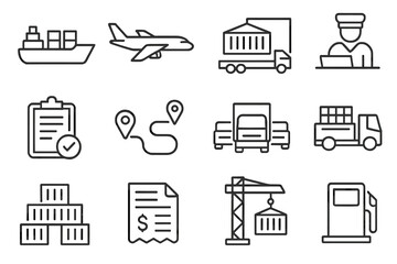 Shipping Icons Set. Line style icons of shipping and transport: container ship icon, cargo plane, intermodal icon, customs