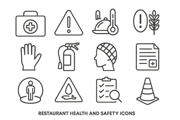 Fototapeta premium Restaurant Safety Icons. Line style icons of restaurant health and safety: first aid kit, safety sign, food temperature icon,