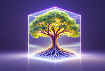 Glowing Tree in Cubic Frame on Purple Background